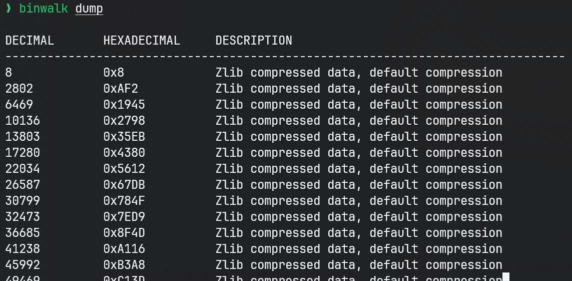 Binwalk output of TCP stream dump
